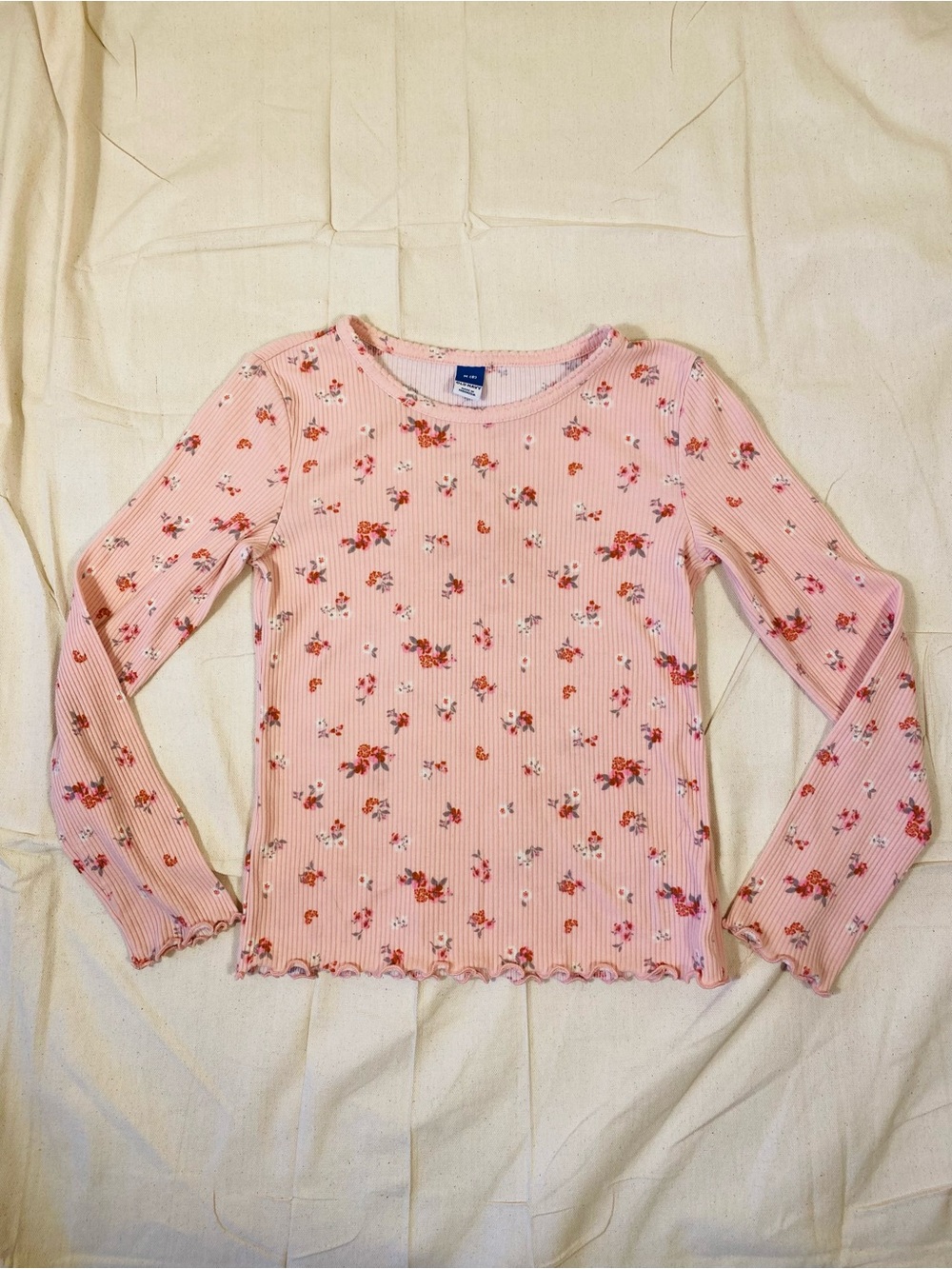Girls Old Navy Pink Floral Ribbed Ruffle Hem Long Sleeve